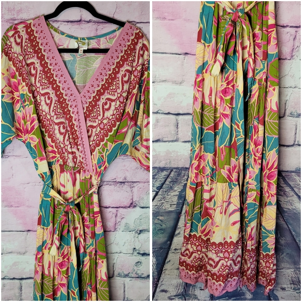 FIG AND FLOWER VACATION BEACH FLORAL PRINTED FRONT SLIT TIE WAIST MAXI DRESS M